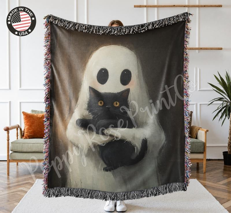 Ghost and Black Cat Woven Blanket Halloween 100% Cotton Made in USA