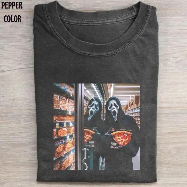 Ghostface Buy Some Pizza Graphic T-shirt, Funny Meme Horror Movie characters Shirts, Unisex Scream Movie Shirt Menswear Womenswear Streetwear