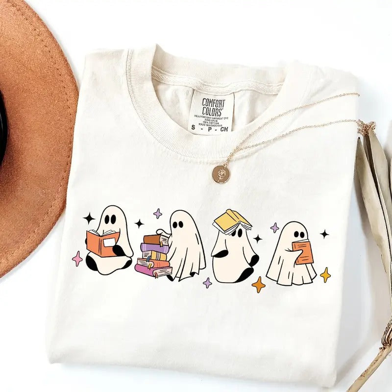 Ghosts Reading Books Shirt, Books Lover Ghost Gift, Cute Little Ghost Shirt, Womens Halloween Shirt, Spooky Season Shirt, Fall Graphic Tee