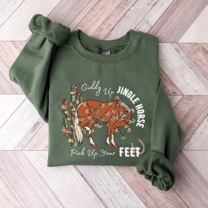 Giddy Up Jingle Horse Pick Up Your Feet Sweatshirt, Cowboy Christmas Sweatshirt, Howdy Country Christmas Horse Sweater, Christmas Cowgirl Shirt, Vintage Christmas Sweatshirt, Xmas Christmas Gift Shirt