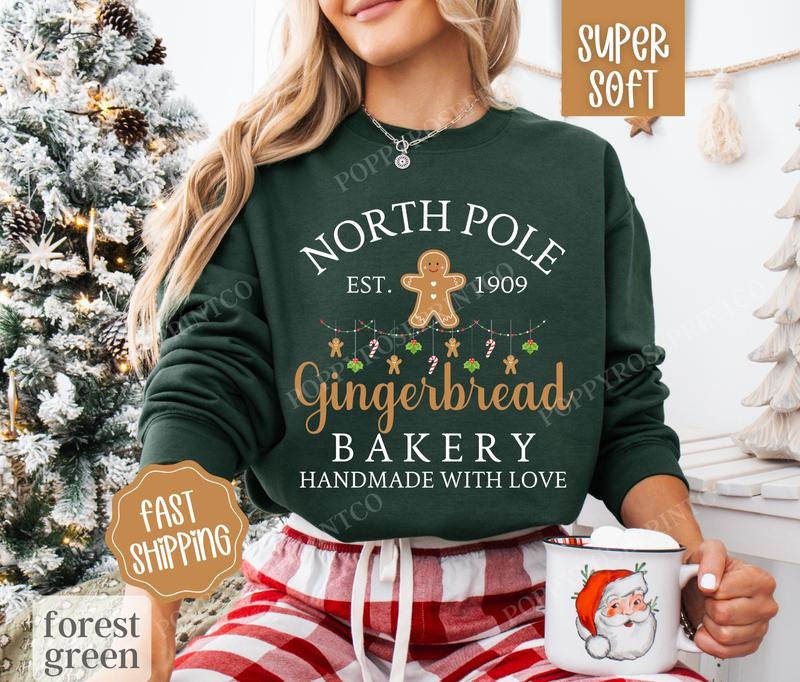 Gingerbread Bakery Sweatshirt, North Pole Christmas Crewneck, Womens Holiday Sweater