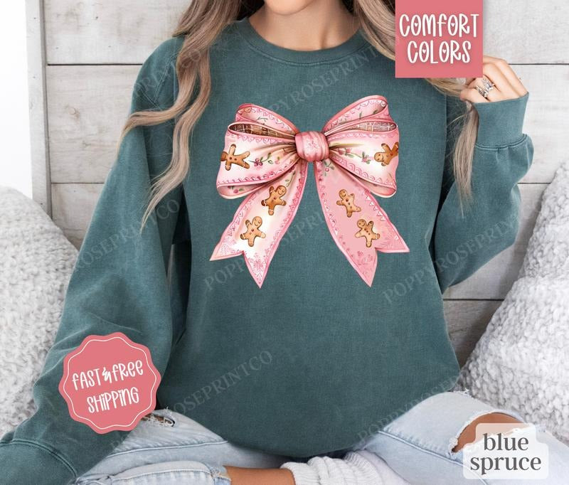 Gingerbread Bow Comfort Colors Sweatshirt, Merry Christmas Sweater Womenswear, Holiday Crewneck