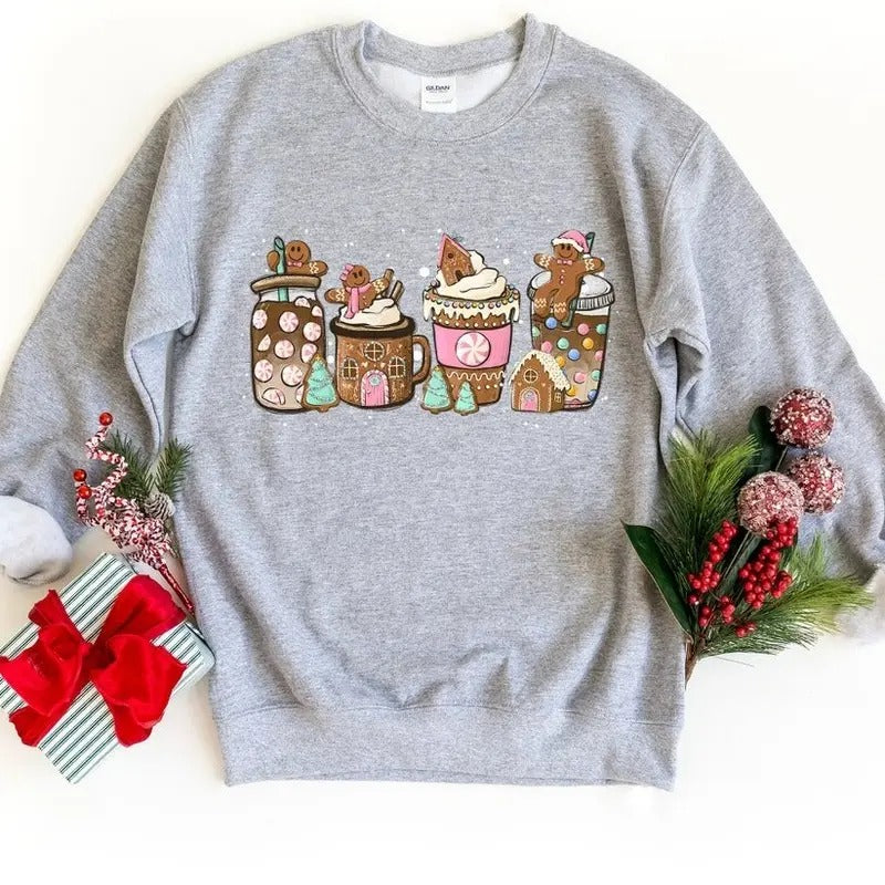 Gingerbread Christmas Coffee Shirt, Christmas coffee Sweatshirt, women Holiday sweater, Xmas Tee, Coffee Lover gift, Latte drink Crewneck Cotton Fabric