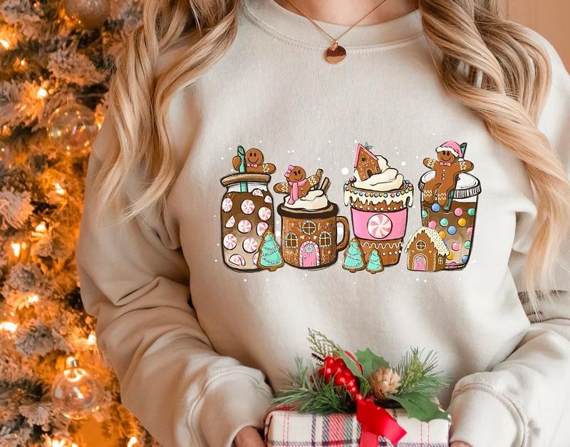 Gingerbread Christmas Coffee Sweatshirt, Christmas Coffee Shirt, Womens Holiday Sweater, Xmas Tee, Coffee Lover Sweatshirt, Christmas Latte Drink Crewneck