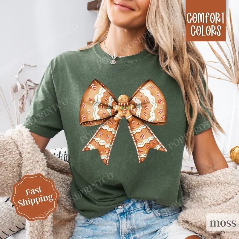 Gingerbread Man Bow Shirt Comfort Colors Holiday Tshirt, Women's Holiday Tee