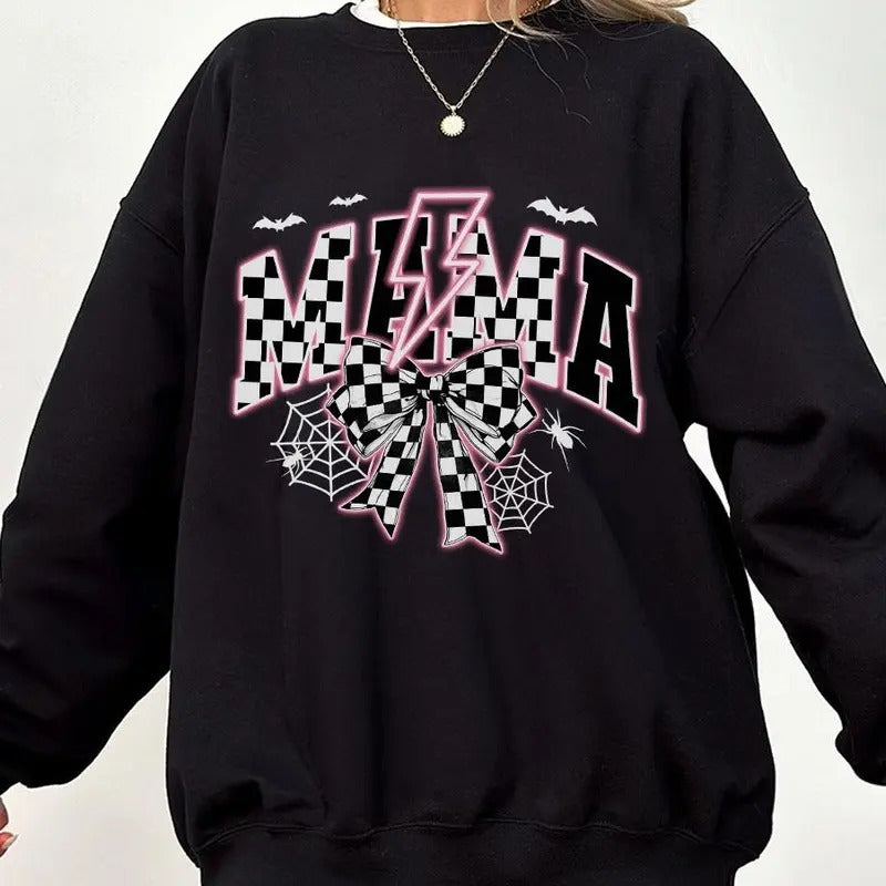 Girl Mom Halloween Shirt, Mama Halloween Sweatshirt, Mom for Girls Comfort Tee, Halloween Shirts For Mom, Retro Halloween Shirt, Spooky Vibes Shirt, Spooky Season, Mom Coquette Halloween, Checkered Mama Halloween Tee