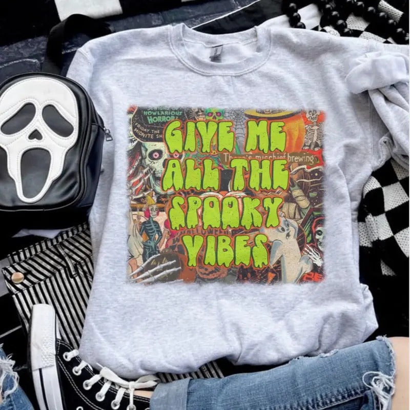 Give Me All The Spooky Vibes Sweatshirt - Ash Grey - Sublimation - Unisex - Halloween