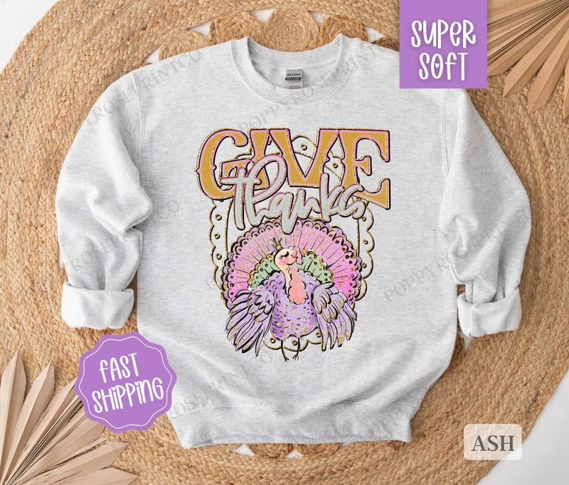 Give Thanks Sweatshirt, Thanksgiving Sweater, Women's Fall Thankful Crewneck T-Shirts, Hoodie | WearSparks.com