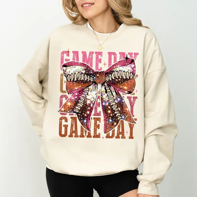 Glitter Coquette Bow Game Day Football Sweatshirt, Girly Football Crewneck for Girls, Fall Sports Sweater for Mom, Game Day Sweatshirt for Women, Touchdown Season Outfits, Comfy Long Sleeve Pullover, Oversized Women's Tops, Casual Womenswear, Cotton Tops