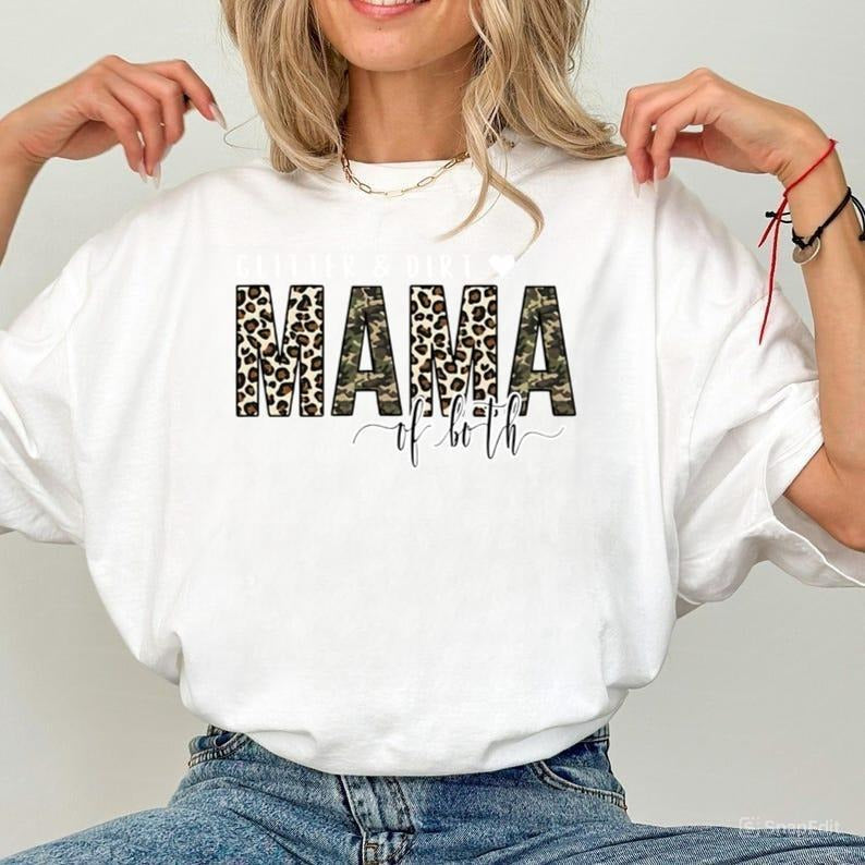 Glitter&Dirt Mama Of Both Mother Days Shirt,Mom Shirts,Leopard Pattern Heart Mom Shirt,Mama Shirt,Mom Tee,Mother Days Tee,Gifts For Mom