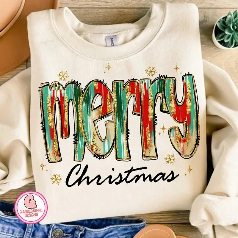 Glitter Merry Christmas Shirt, Merry Doodles Shirt, Colorful Brushstroke Christmas Sweatshirt, glitter Xmas, Trendy Xmas, Tis the season