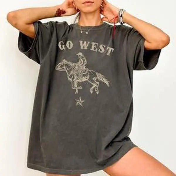 Go West, Cowboy, Horse, Western, Retro, Vintage, Tshirt, Women's Crew Neck, Crewneck Hoodie, Sweatshirt | WearSparks.com