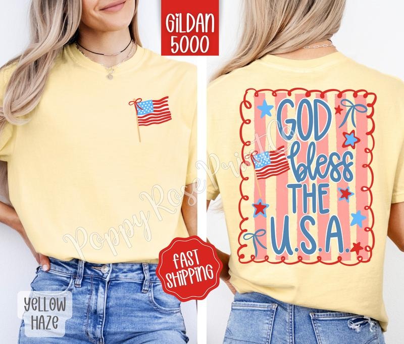God Bless the USA Shirt Gildan, Cute Patriotic Tee, Trendy Summer Women's Tshirt Plus Size, Gift for Her
