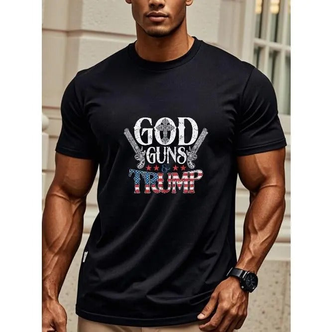 God Guns And Trump Men's Black T Shirts Graphic Tee Cotton T Shirts Crew Neck Casual T Shirt Funny Lightweight Ultra-Soft Ideal For Running Weekend Casual Breathable Four Seasons Made in USA