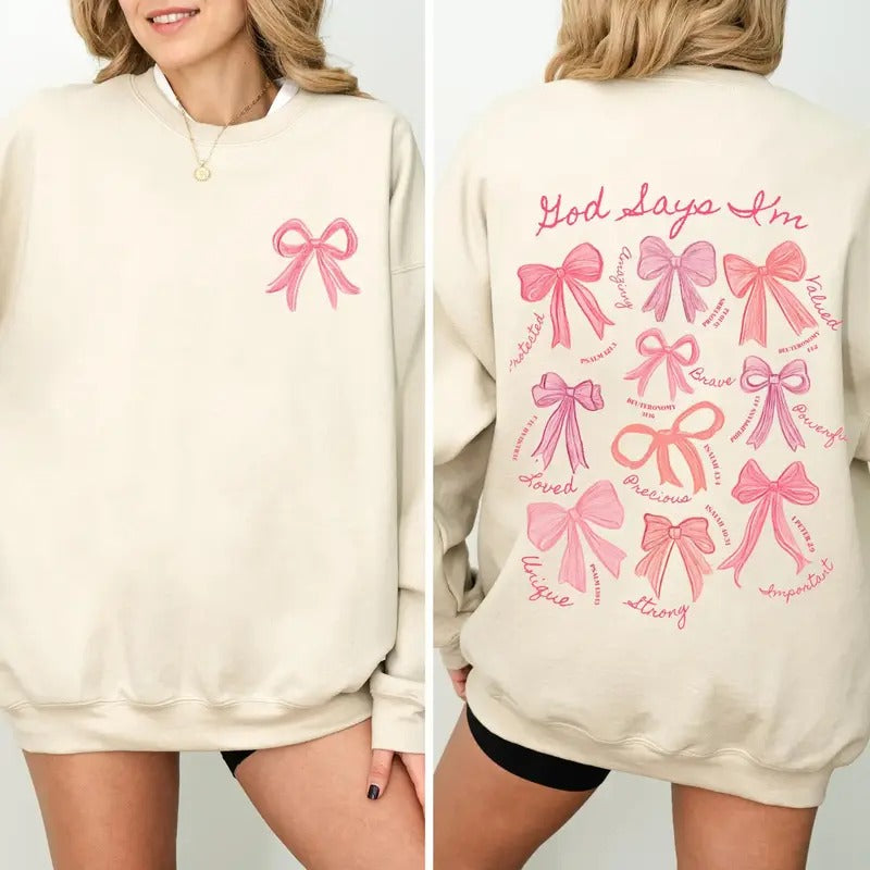 God Says I Am Coquette Bow Sweatshirt, Women's Christian Sweatshirt, Balletcore Christian Sweater, Christian Girl Gifts