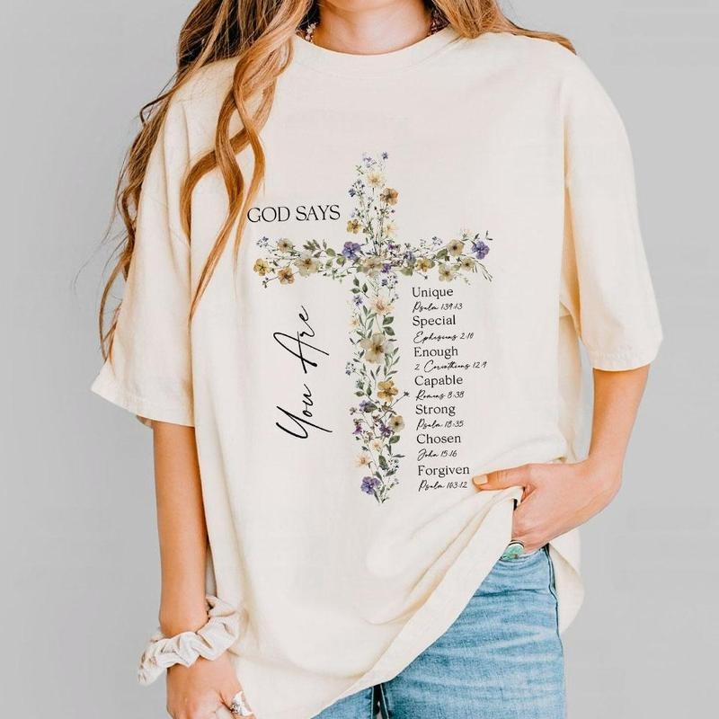 God Says You Are Flower Cross Shirt, Flower Christian Shirt for Women, Jesus T-Shirt, Faith Shirt, Floral Christian Women Tee, Christian Cross Flower Tee, Jesus Lover T-Shirt, Wildflowers Cross Shirt, Women Top Casual Comfort Womenswear