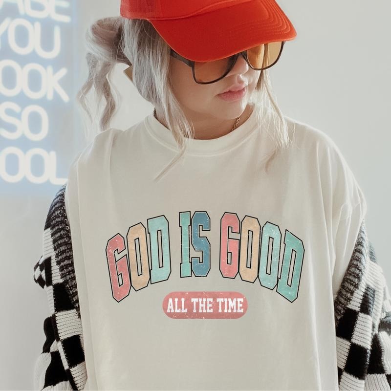 God is Good Varsity Shirt ~ Comfort Colors T-Shirt Unisex Apparel Relaxed Fit Printed in the USA Clothing Womenswear Casual and Comfortable