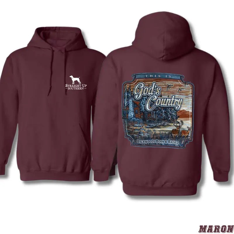 God's Country Hoodie - Rustic Outdoor Design Featuring Scenic Backwoods, Cabin, and Majestic Wildlife in a Bold Southern Style, Perfect for Nature Lovers, Hunters, and Those Who Embrace the Southern Lifestyle, Unisex Hoodie for Year-Round Comfort Sweaters