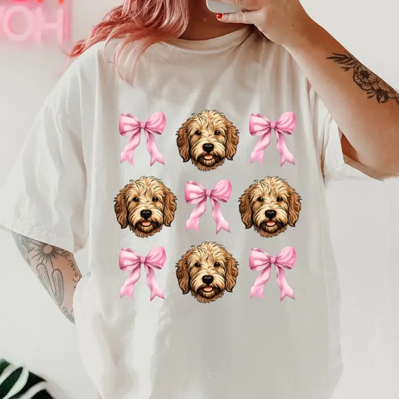 Goldendoodle And Bow Shirt~ Unisex Apparel Relaxed Fit Printed In The USA Clothing Womenswear Casual Comfort Cotton Top Athletic Boho Chic