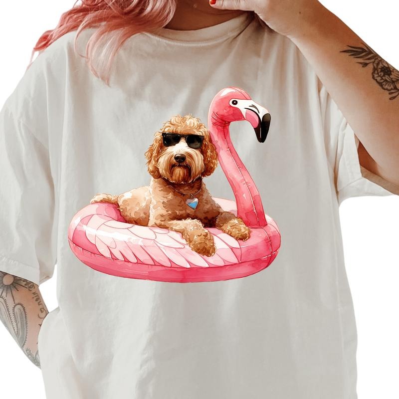 Goldendoodle Flamingo Float Dog Shirt ~ Unisex Apparel Relaxed Fit Printed In The USA Clothing Womenswear Casual Comfort Cotton Top Athletic Boho Chic