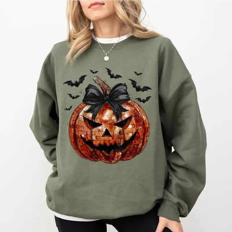 Gothic Coquette Bow Halloween Pumpkin Sweatshirt, Gothic Pumpkin Crewneck For Girls, Creepy Pumpkin Sweater, Halloween Pumpkin Outfits, Spooky Season Crewneck, Comfy Long Sleeve Pullover, Cute Women's Tops, Casual Womenswear, Comfort Fabric Cotton Top