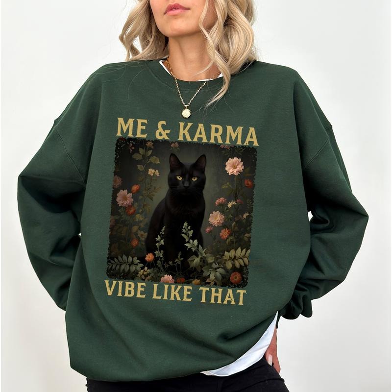 Gothic Floral Black Cat Sweatshirt, Vintage Cat Lover Crewneck, Gothic Vibe Sweater, Cat Mom Long Sleeved Pullover...