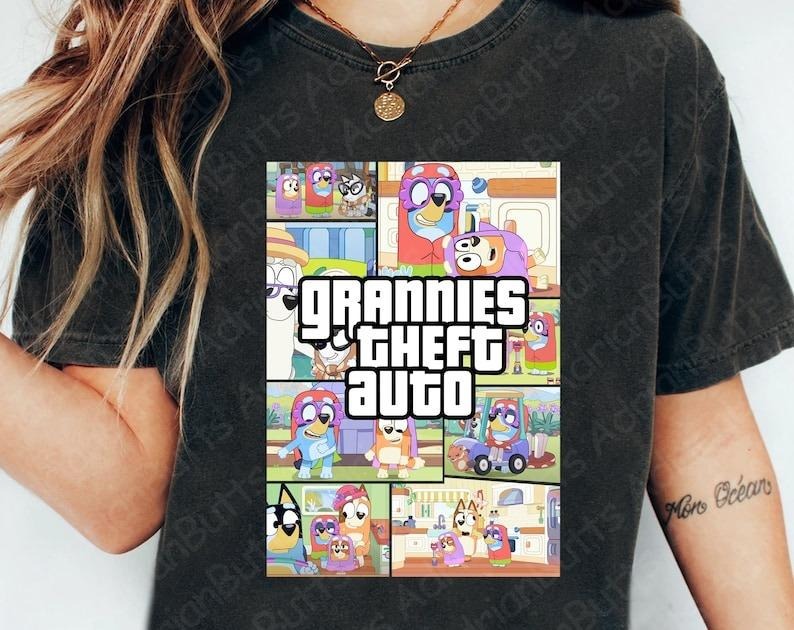 Grannies Theft Auto T-Shirt, Movies Characters, Trendy Bluey, Trendy Dog And Friends T-shirtstyle{n002}2