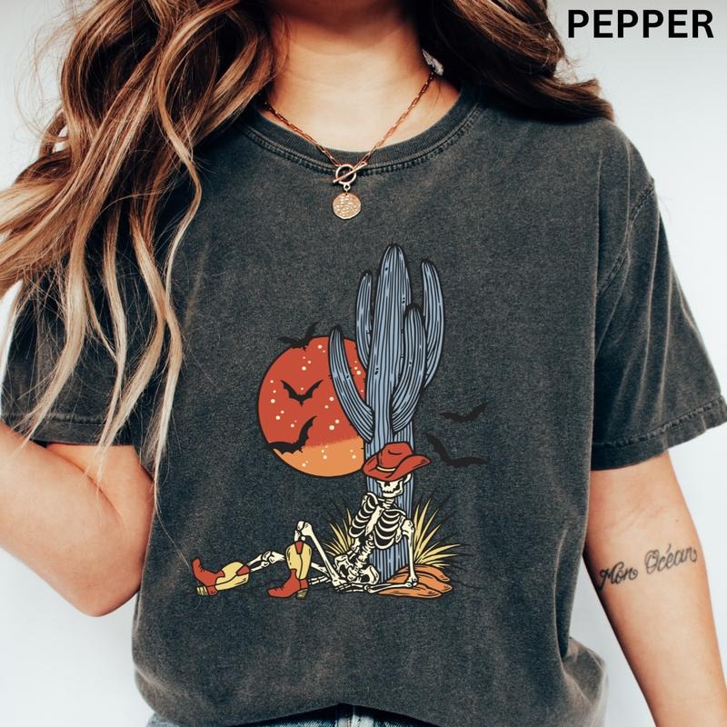 Graphic Halloween Shirt, Desert Skeleton Shirt, Western Halloween Shirt, Fall shirt, Comfort Colors Halloween Shirt, Casual Shirt Unisex, Halloween Clothing, Graphic Halloween Apparel, Casual Cotton T-shirt, Unisex Halloween