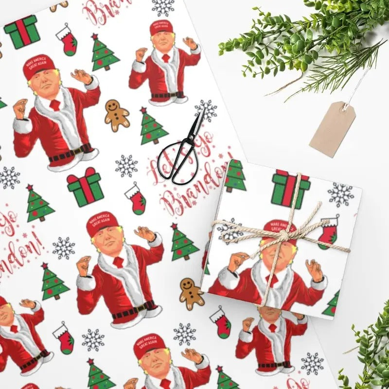 Great American Trump Wrapping Paper for Gifts - Pro Trump Let's Go Brandon Christmas Gift Wrap - Trump Gift Wrap Santa Trump 2024 Republican
