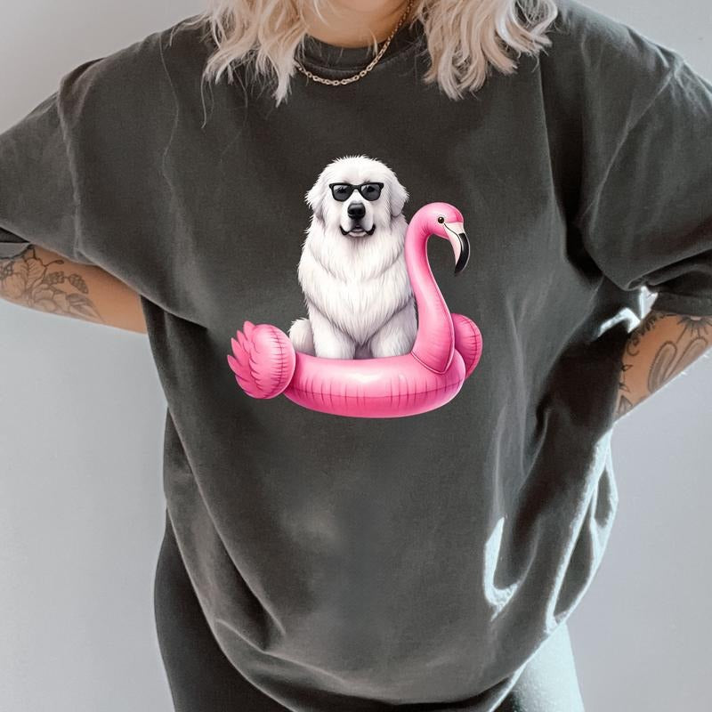 Great Pyrenees Flamingo Float Dog Shirt ~ Unisex Apparel Relaxed Fit Printed In The USA Clothing Womenswear Casual Comfort Cotton Top Athletic Boho Chic