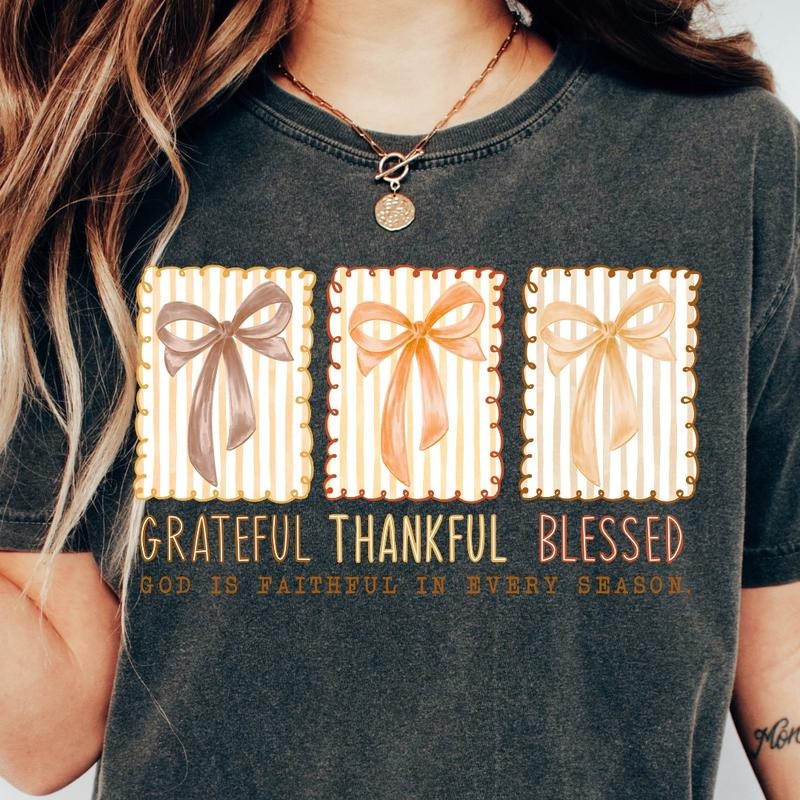 Greatful Thankful Blessed Bow Comfort Colors, Trendy Women's Religious tshirt Hoodie, Sweatshirt | WearSparks.com
