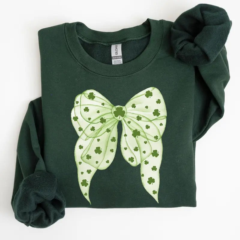 Green Coquette, Bow, Lucky, Shamrock, Lucky Charm, Irish, Retro, St Patrick's Day Sweatshirt, Crew Neck, Women's,...