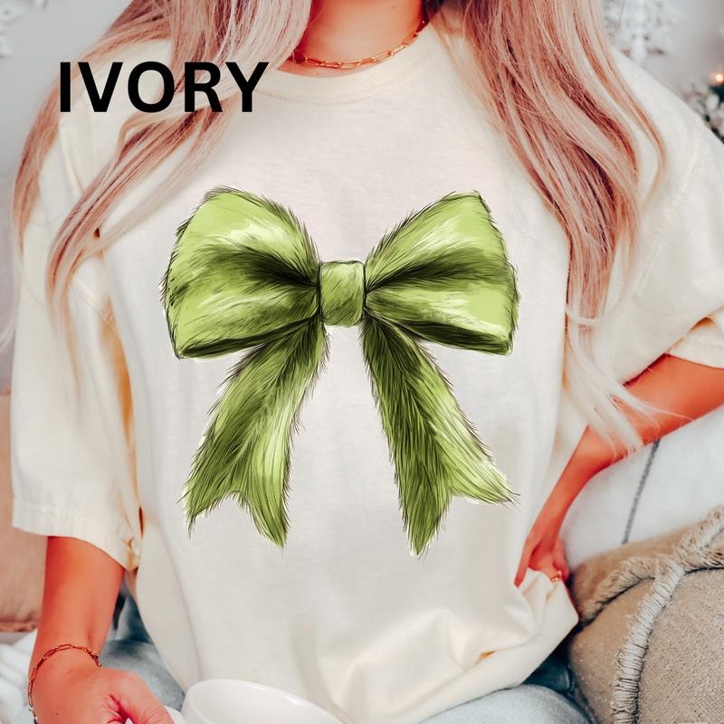 Green Fur Christmas Bow Shirt, Christmas Bow Shirt, (COMFORT COLORS T-SHIRT, CASUAL SHIRT UNISEX, CHRISTMAS CLOTHING, GRAPHIC APPAREL, HOLIDAY SHIRT) Cotton Fabric Womenswear Top Printed Oversized Women