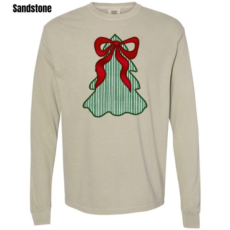 Green Seersucker Christmas Tree Long Sleeve Comfort Colors T-Shirt 'NLB'