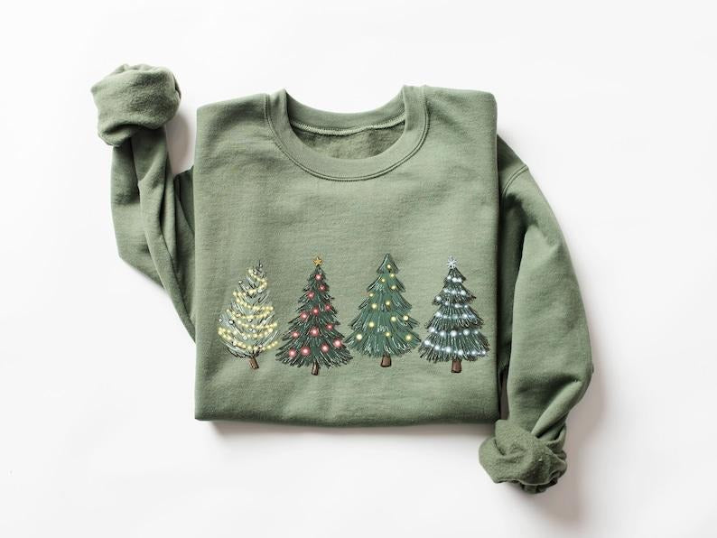 Green Tree Christmas Sweater - Winter Sweatshirt with Tree Embroidery, Long Sleeves, Comfortable Cotton and Polyester Blend for Women