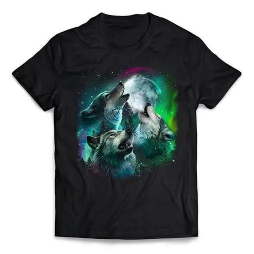 Grey Wolf Howling in the Forest under Full Moon and Aurora, Short-Sleeve Unisex T-Shirt Made in USA