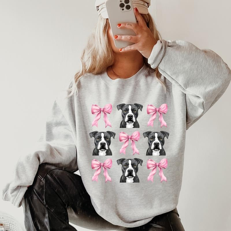 Grey and White Pitbull with bows Sweatshirt ~ Sweatshirt Unisex Apparel Relaxed Fit Printed in the USA Clothing Womenswear Casual and Comfortable