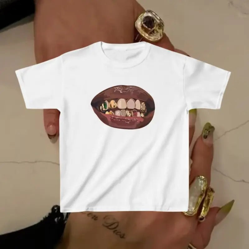 Grillz Teeth Baby Tee, Grillz Shirt, Drip Grillz Streetwear Graphic Tshirt, 90s Baby Tee, Female Grillz Print, Gift for Friend,