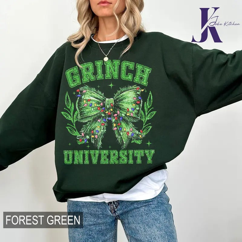 Grinchmas Coquette Bow Sweatshirt, Green Fur Sweatshirt, Christmas Season Shirt, Green guy Shirt, Christmas Movie