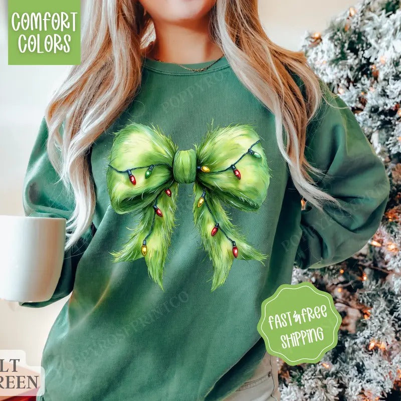 Grinchy Bow Comfort Colors Sweatshirt, Christmas Sweater Womenswear, Holiday Crewneck