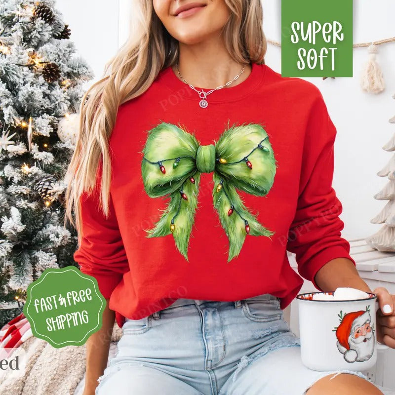 Grinchy Christmas Bow Sweatshirt, Coquette Christmas Sweater, Women's Holiday Crewneck retro christmas