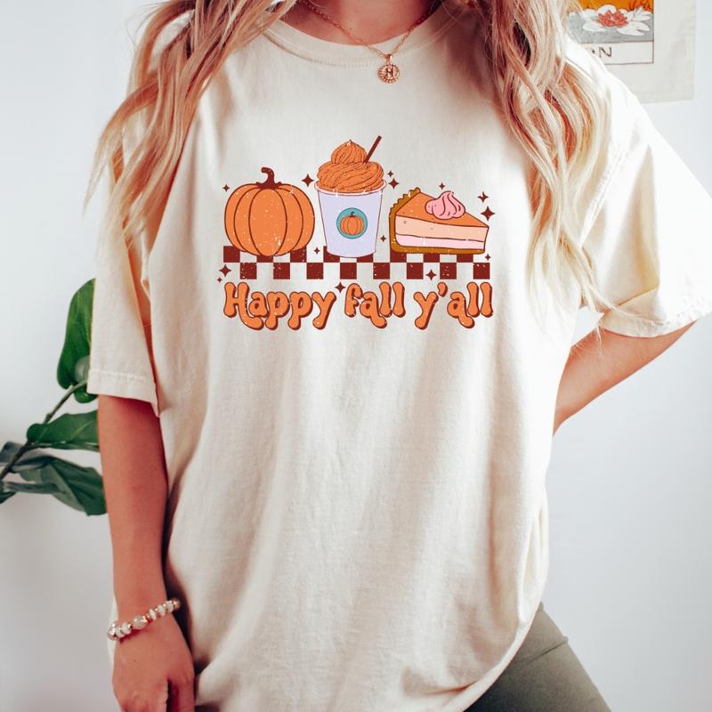 HAPPY FALL YALL CHECKERED SHIRT (COMFORT COLORS T-SHIRT, CAUSAL SHIRT UNISEX, FALL CLOTHING, GRAPHIC APPAREL) Cotton Fabric