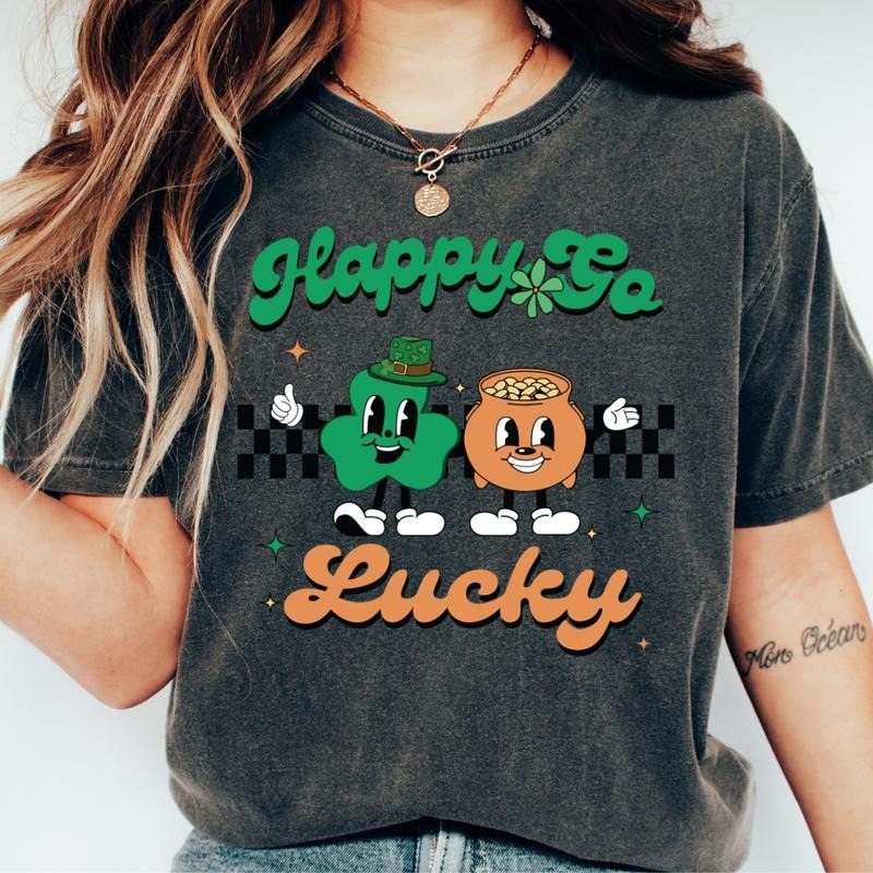 HAPPY GO LUCKY RETRO CHECKERED SHIRT (COMFORT COLORS T-SHIRT, CASUAL SHIRT UNISEX, HOLIDAY SHIRT, ST. PATTYS DAY) Top Womenswear