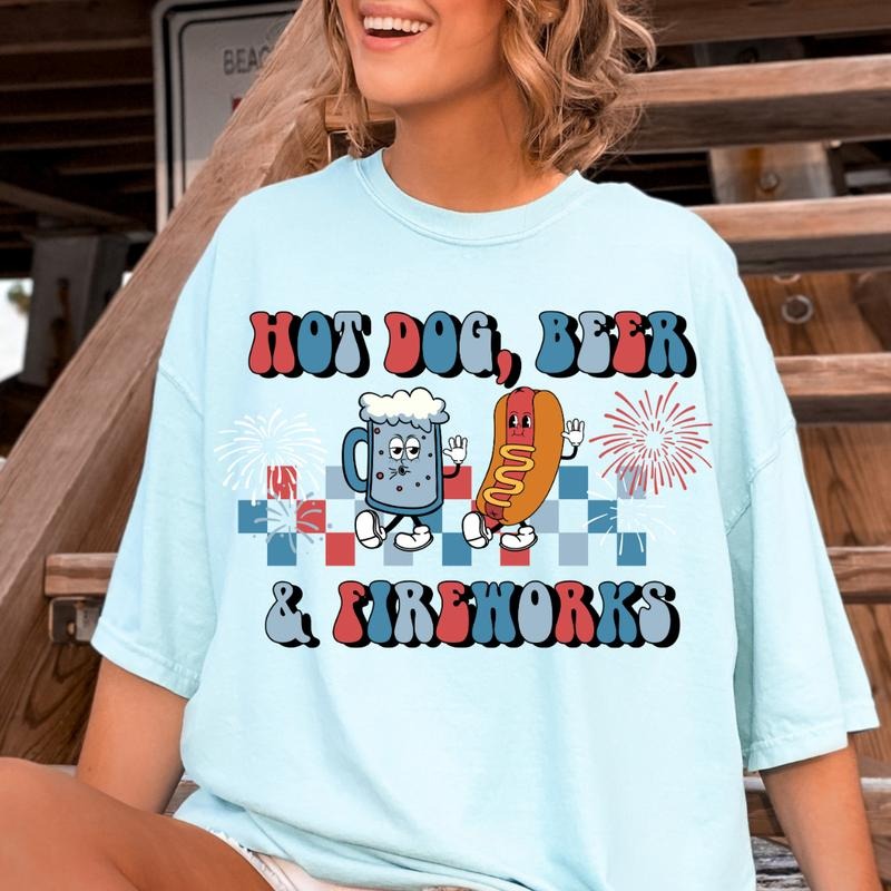 HOT DOG BEER AND FIREWORKS USA SHIRT, 4TH OF JULY MEN SHIRT, UNISEX COTTON SHIRT, OVERSIZED HOLIDAY SUMMER SHIRT Fabric Menswear Top Ring