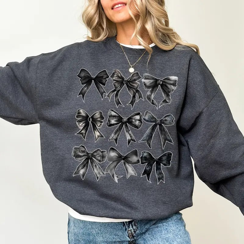 Halloween Black Coquette Bows Sweatshirt, Black Bow Sweater, Halloween Coquette Crewneck for Women, Dark Coquette Bow Sweatshirt for Girls, Black Ribbons Tops, Spooky Season Tee, Comfy Fabric Long Sleeve Pullover, Casual Women's Tops, Oversized Womenswear