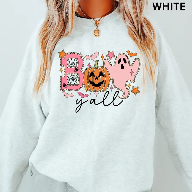 Halloween Boo Y'all Retro Sweatshirt ~ Unisex Apparel Relaxed Fit Printed In The USA Clothing Womenswear Casual Comfort Cotton Top Athletic Boho Chic Everyday Flamingo