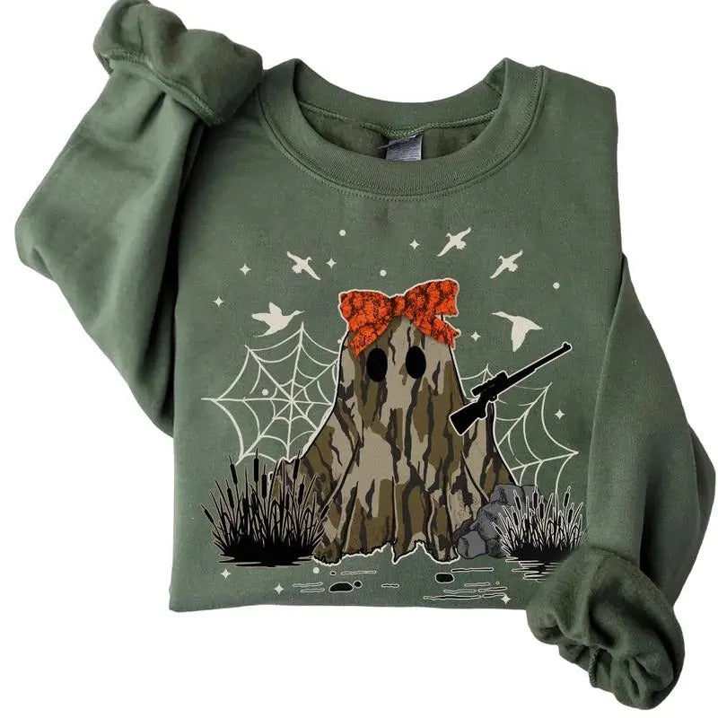 Halloween Camo Ghost Coquette Huntin Sweatshirt, Bow Coquette Sweatshirt, Old School Camo Sweatshirt, Halloween Spooky...