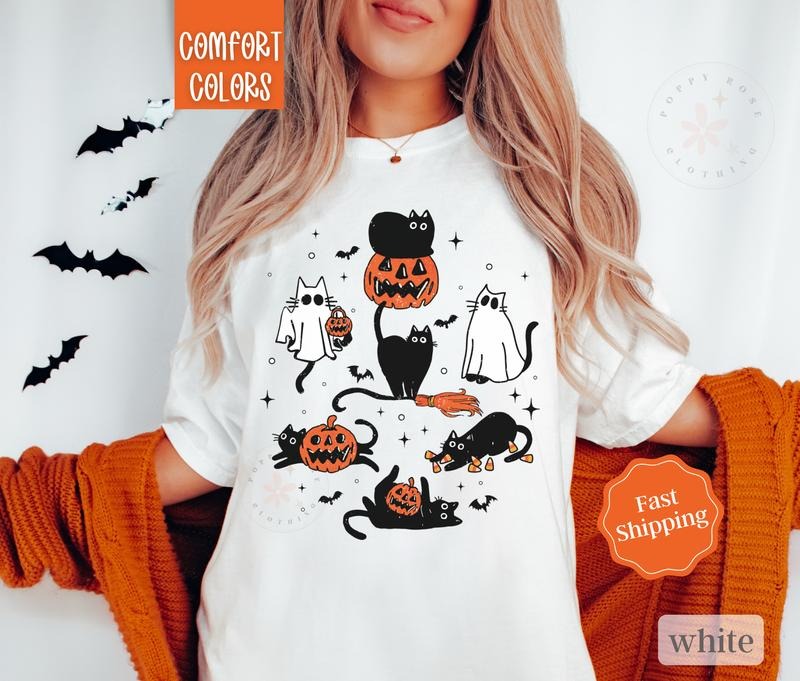 Halloween Cat Shirt Comfort Colors, Cat Lover Halloween Tshirt, Cat Mom Gift