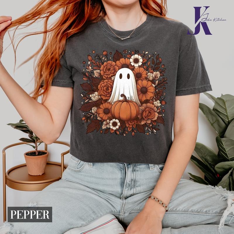 Halloween Fall Floral Ghost Comfort Color Shirt, Halloween Ghost Tshirt, Fall Flowers and Pumpkin T-Shirt, Cute Ghost Tshirt, Halloween Tee Womens Fall Top