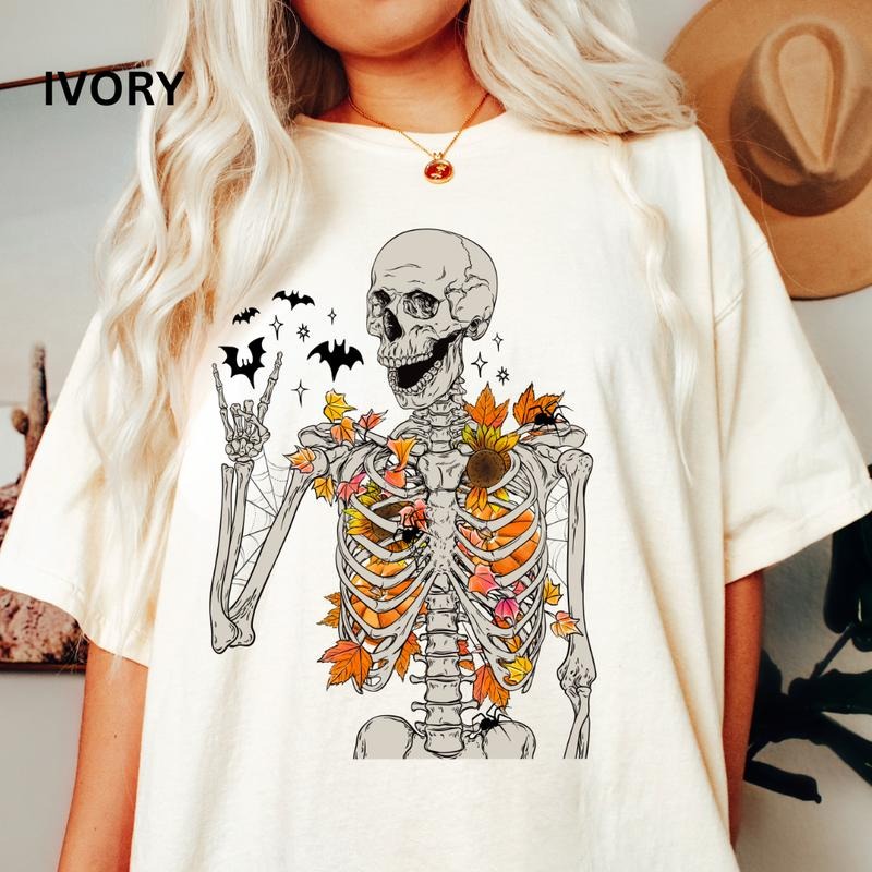 Halloween Floral Skeleton tee, Retro Skeleton Shirt, Spooky Season Shirt, Summerween shirt, Comfort Colors Halloween Shirt, Casual Shirt Unisex, Halloween Clothing, Graphic Halloween Apparel, Casual Cotton T-shirt, Unisex Halloweenstyle{n002}2